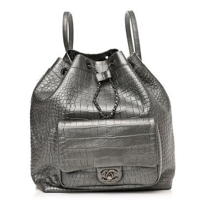 Chanel Metallic Calfskin Crocodile Embossed Large Backpack Silver 1 of 10