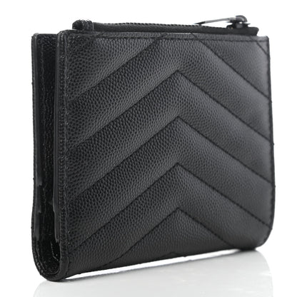 Saint Laurent Grain De Poudre Matelasse Chevron Monogram Zipped Card Case Black 2 of 4