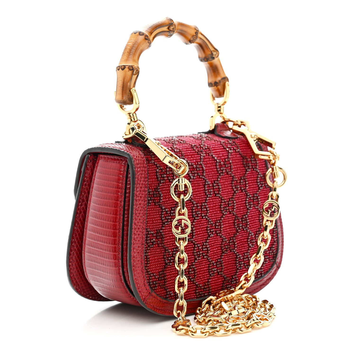 Gucci Moire Fabric Calfskin Rhinestone Monogram Monochrome Lizard Embossed Mini Bamboo 1947 Top Handle Chain Bag Red 3 of 10
