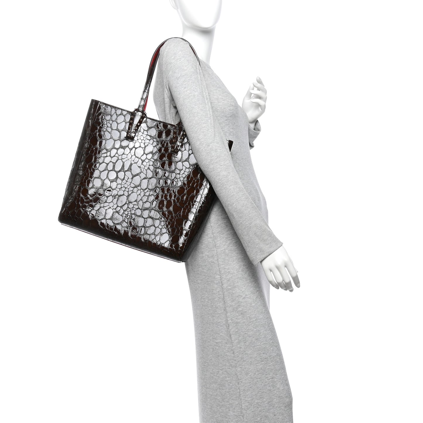 Patent Calfskin Crocodile Embossed Spikes Zipped Cabata Tote Brown