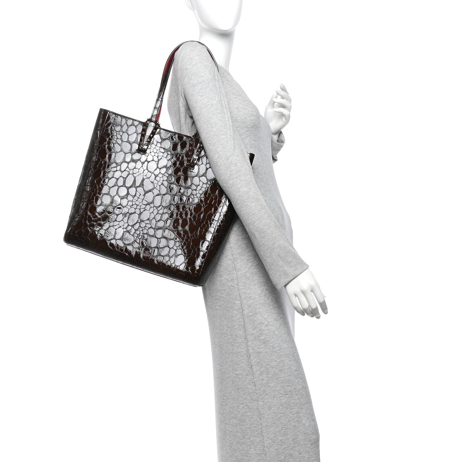 Christian Louboutin Patent Calfskin Crocodile Embossed Spikes Zipped Cabata Tote Brown 2 of 10