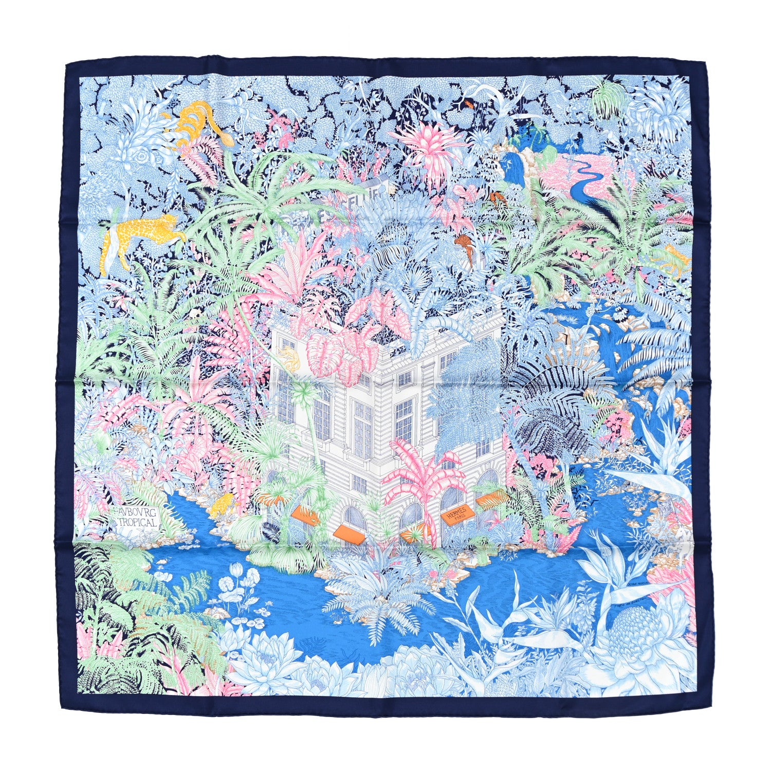 Hermes Silk Faubourg Tropical Scarf 90 Bleu Jean Vert Jaune Sofre 1 of 8
