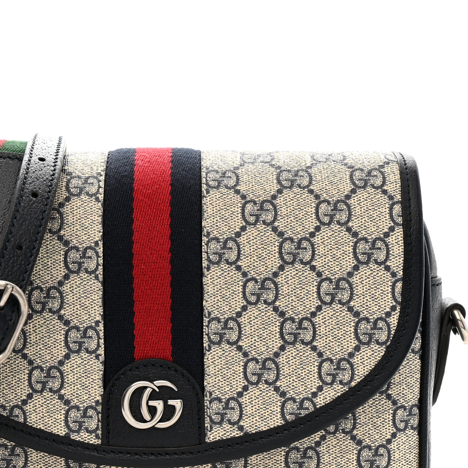 Gucci GG Supreme Monogram Textured Dollar Calfskin Web Studded Mini Ophidia Flap Shoulder Bag Beige Blue 8 of 10