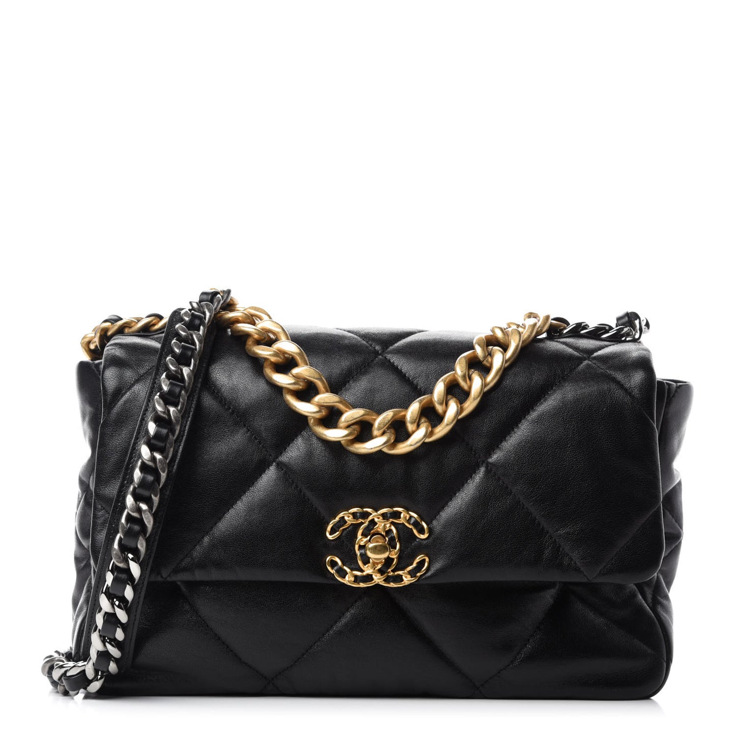 Shiny Goatskin Quilted Large Chanel 19 Flap Black