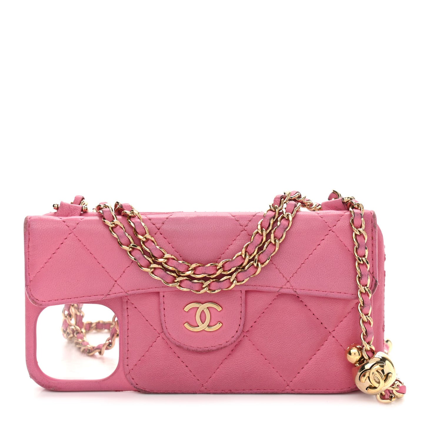 Lambskin Quilted Pearl Crush iPhone XII Pro Holder With Chain Pink