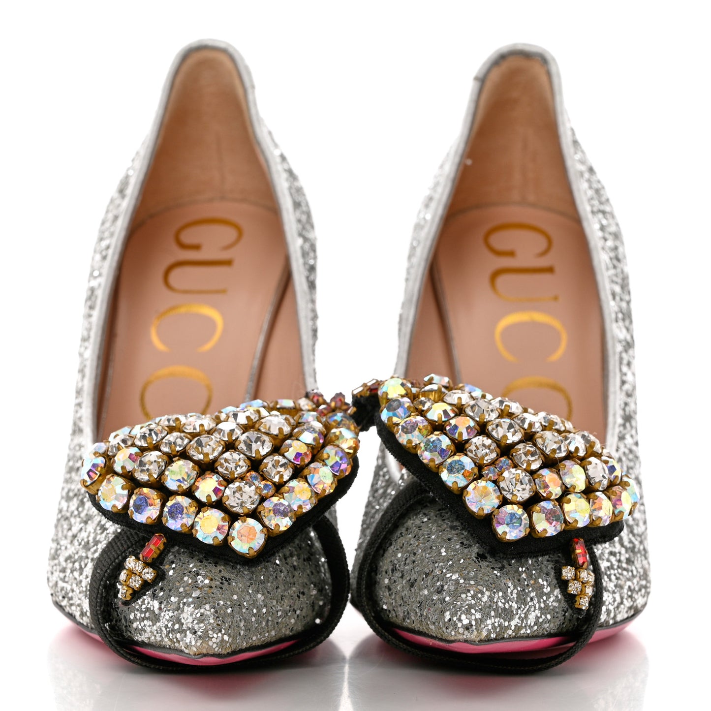 Nappa Silk Glitter Removable Crystal Heart Pumps 36 Argento