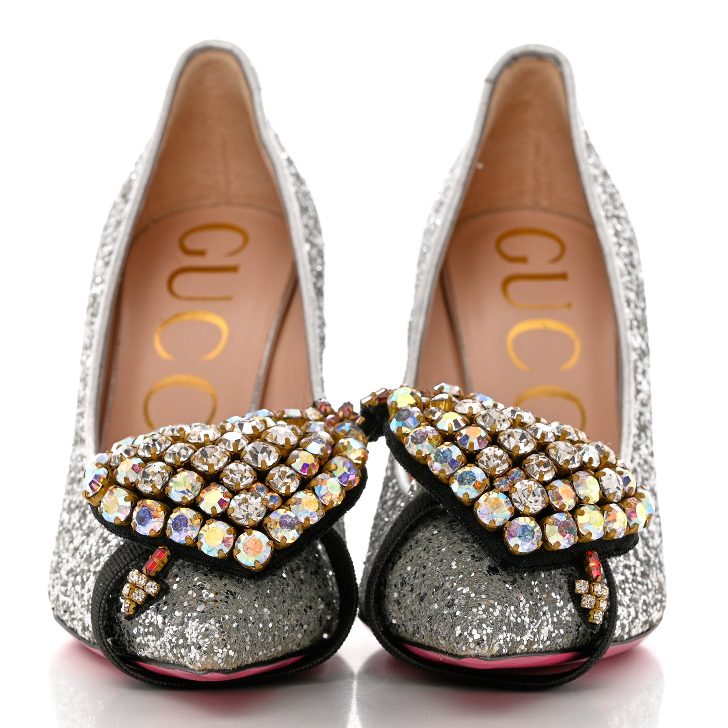 Gucci Nappa Silk Glitter Removable Crystal Heart Pumps 36 Argento 2 of 9