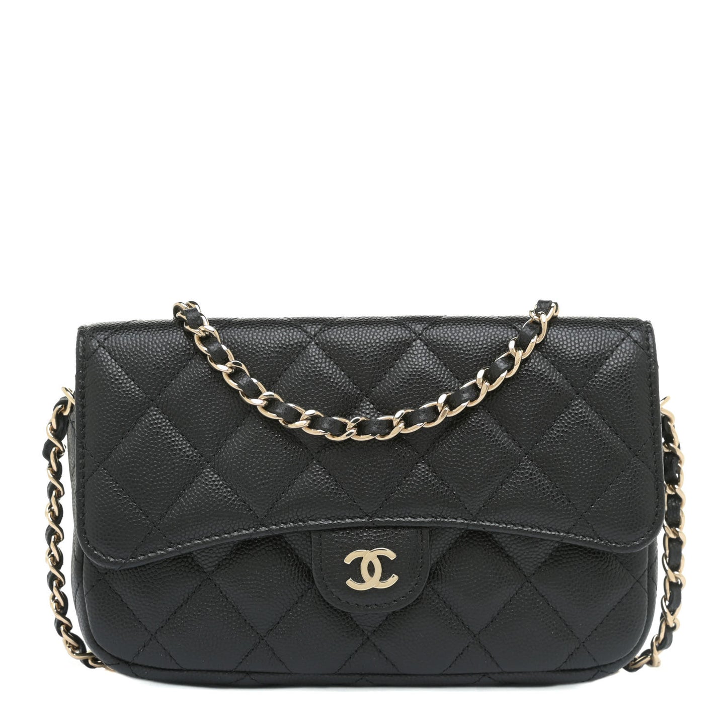 Caviar Quilted Flap Phone Holder With Chain Black