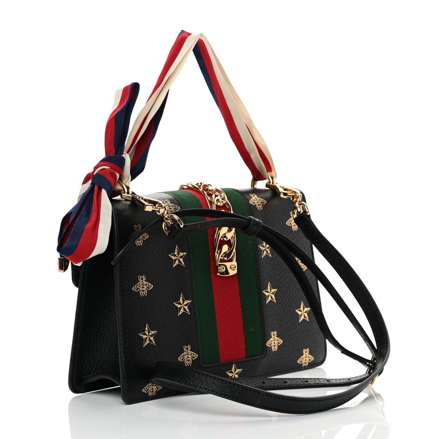 Textured Calfskin Bee Star Print Small Sylvie Shoulder Bag Black