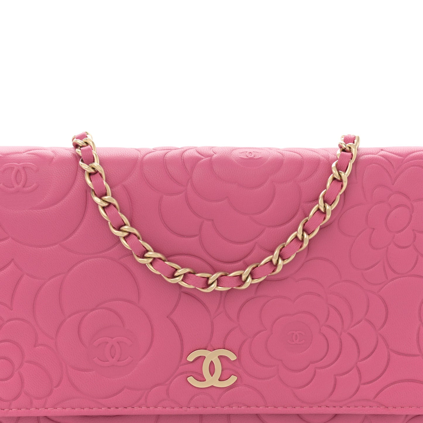 Lambskin Camellia Embossed Wallet on Chain WOC Pink