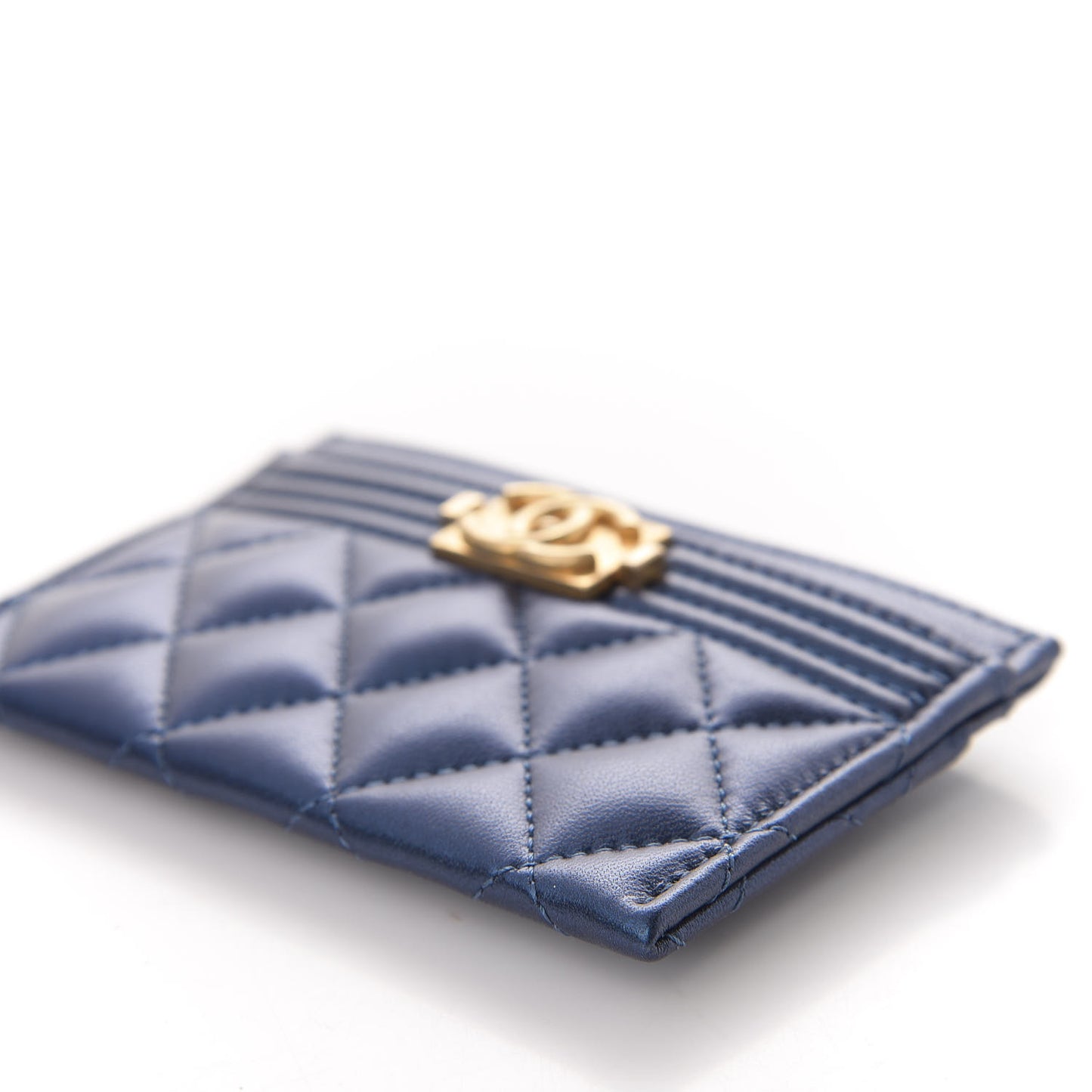 Metallic Lambskin Quilted Boy Card Holder Blue