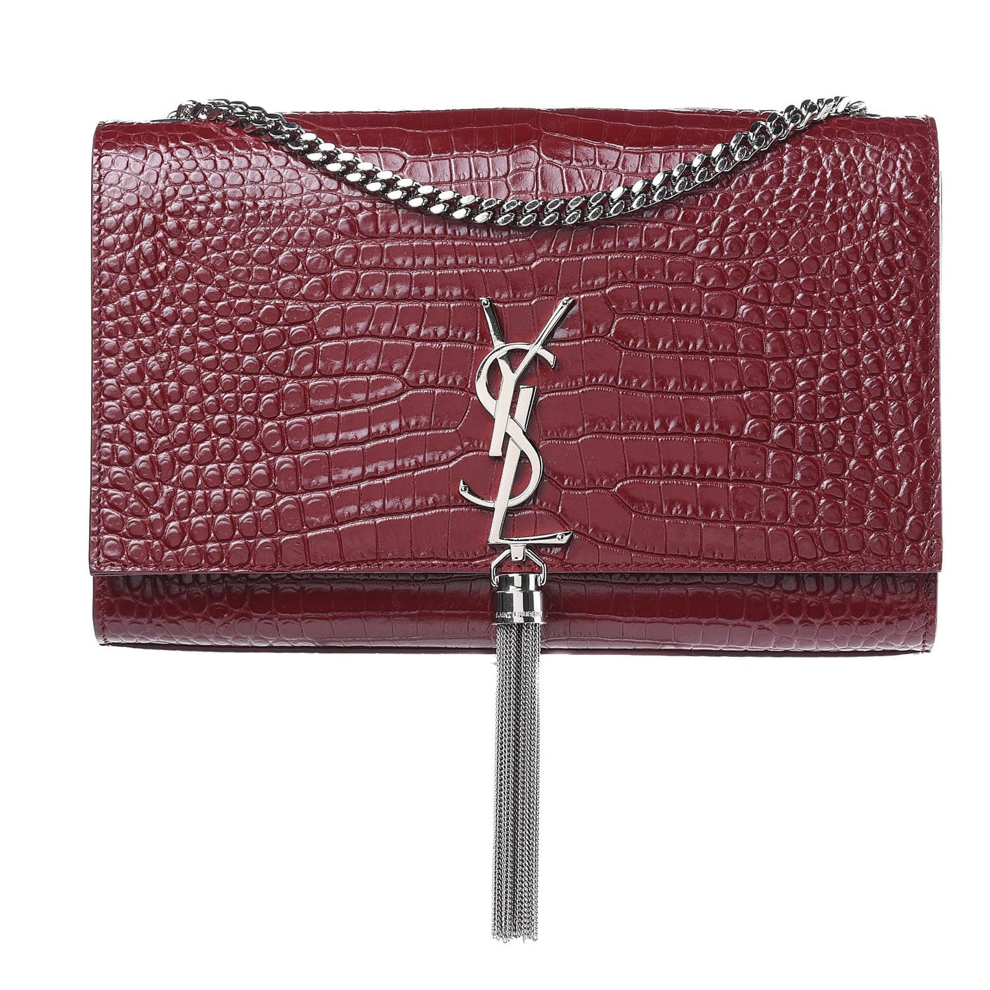 Calfskin Crocodile Embossed Medium Classic Monogram Kate Tassel Satchel Dark Red