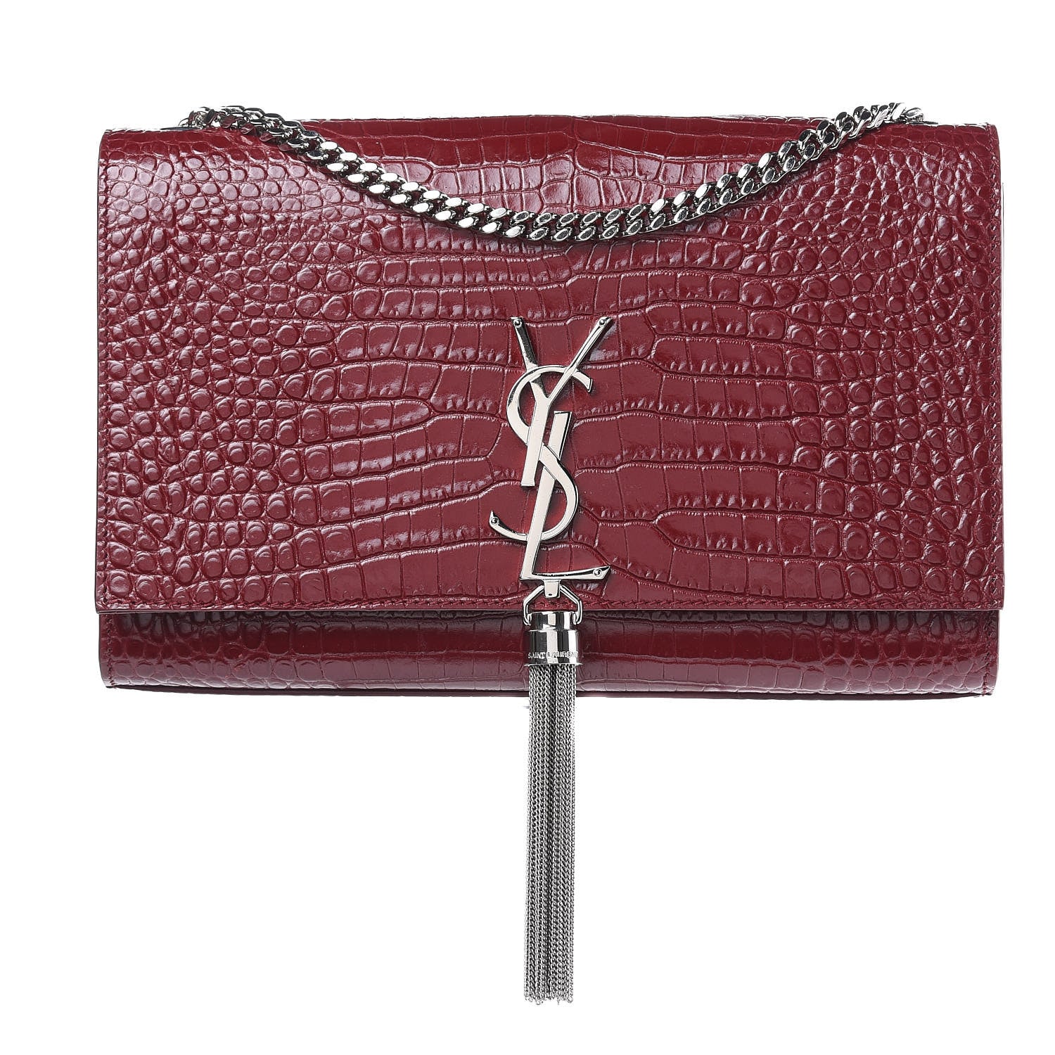 Saint Laurent Calfskin Crocodile Embossed Medium Classic Monogram Kate Tassel Satchel Dark Red 1 of 9