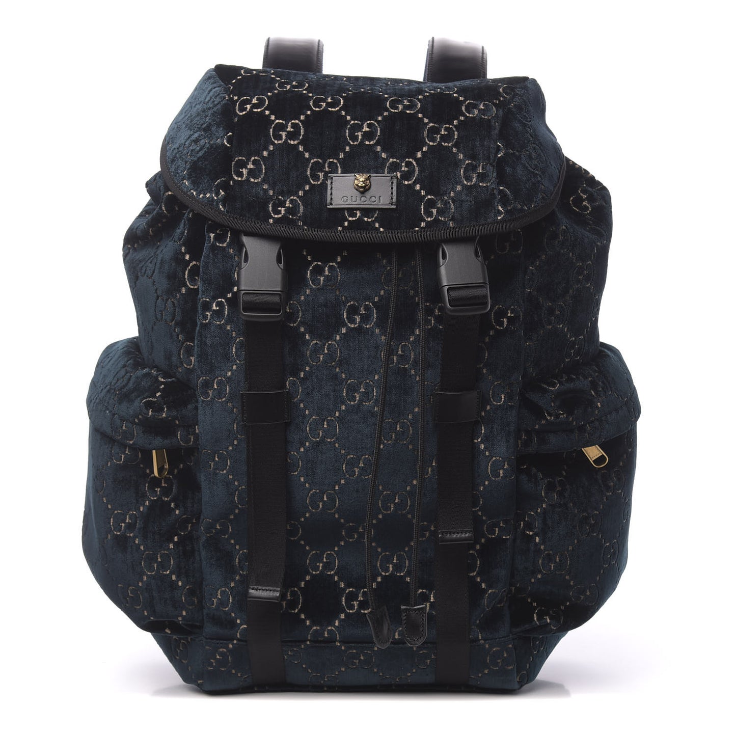 Velvet GG Monogram Web Medium Double Buckle Backpack Blue Beige Black
