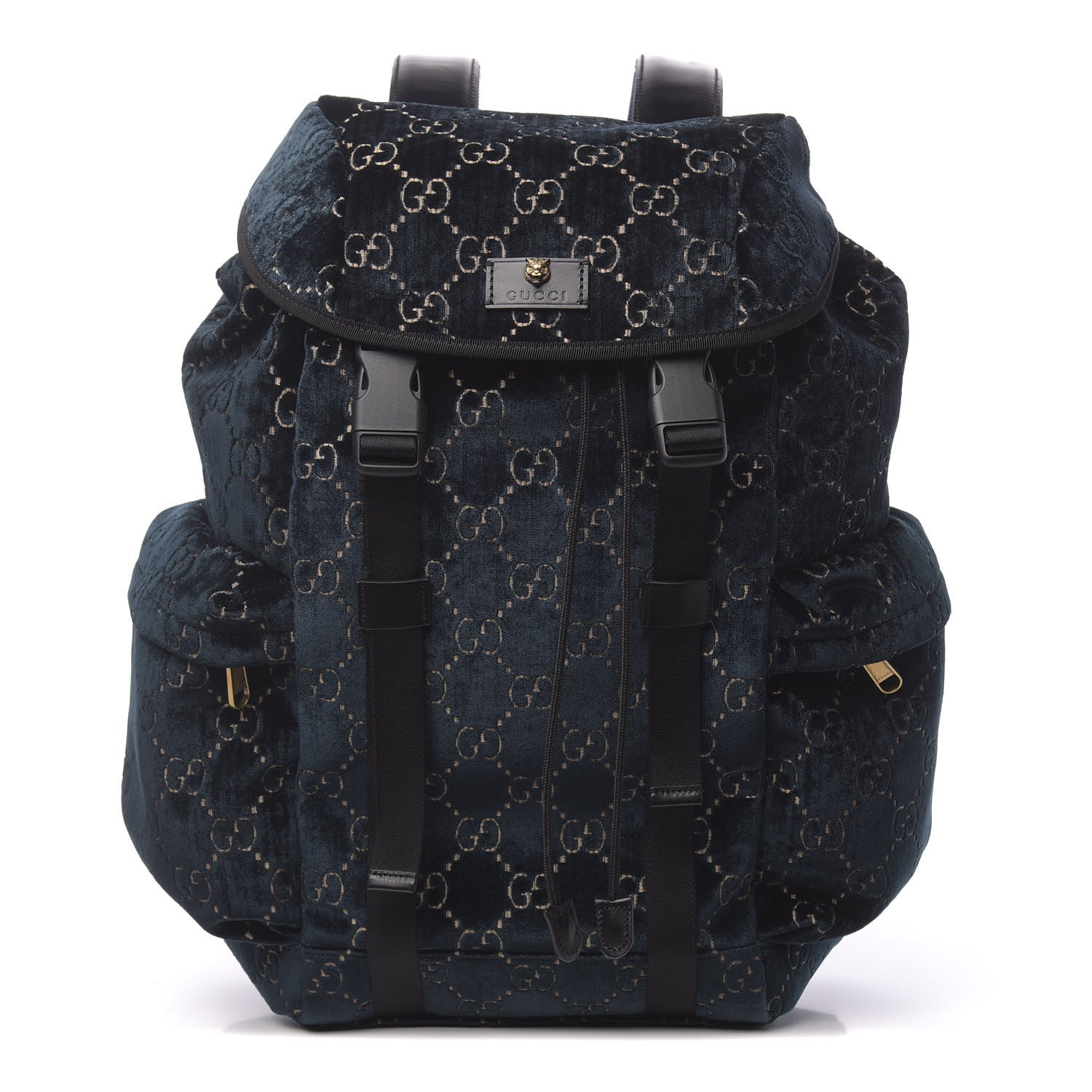 Gucci Velvet GG Monogram Web Medium Double Buckle Backpack Blue Beige Black 1 of 9
