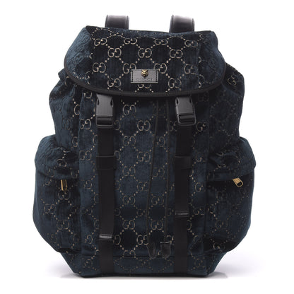 Gucci Velvet GG Monogram Web Medium Double Buckle Backpack Blue Beige Black 1 of 9
