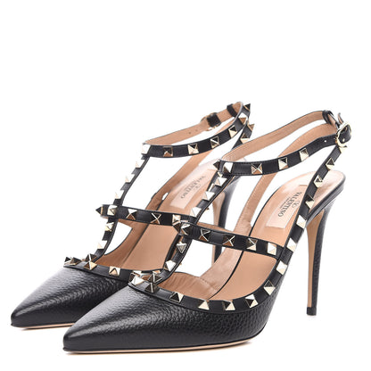Valentino Garavani Pebbled Calfskin Rockstud Ankle Strap 100mm Pumps 40.5 Black 3 of 9