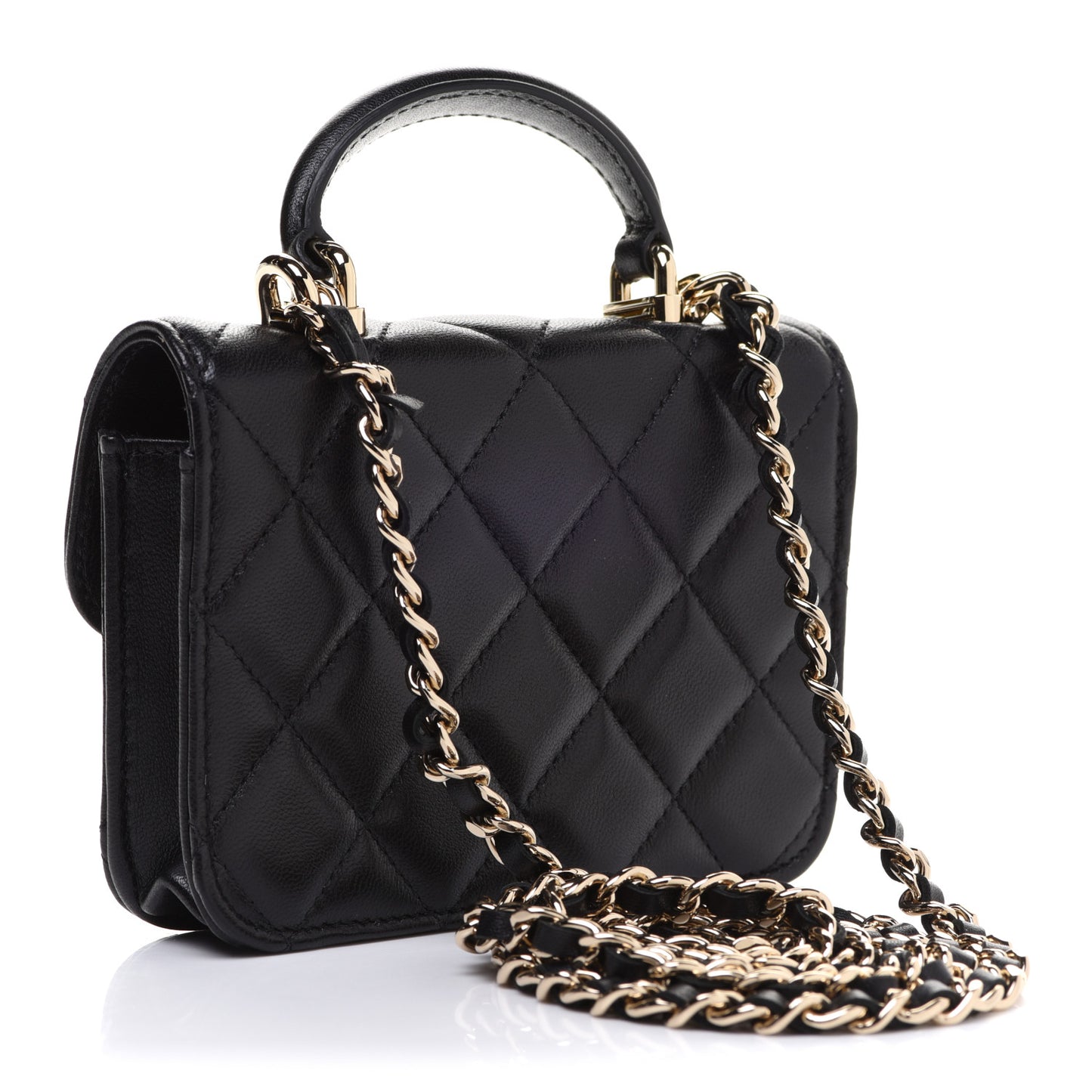 Lambskin Quilted Top Handle Flap Coin Purse With Chain Black
