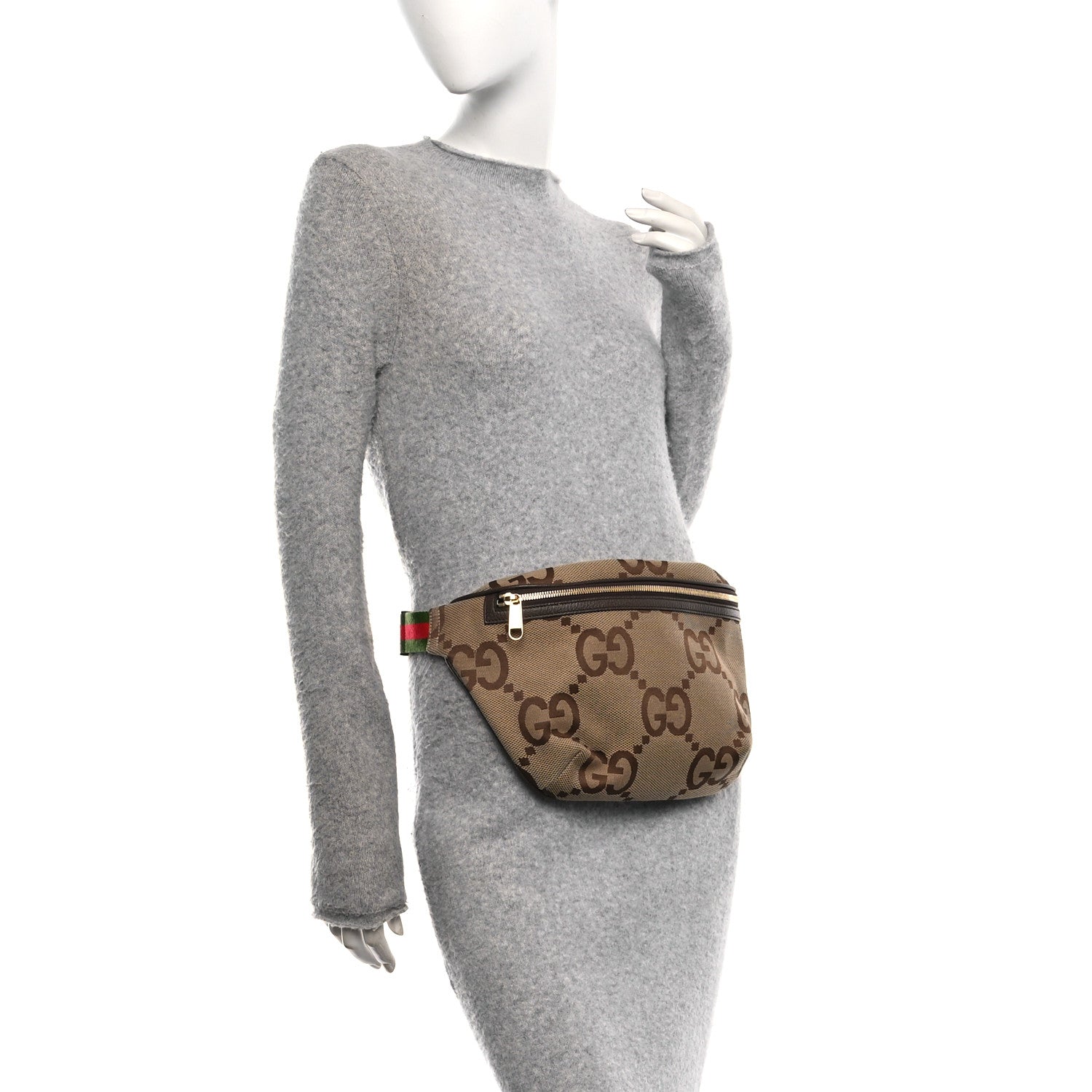Gucci Monogram Jumbo GG Textured Dollar Calfskin Web Belt Bag Camel Ebony New Acero 2 of 9