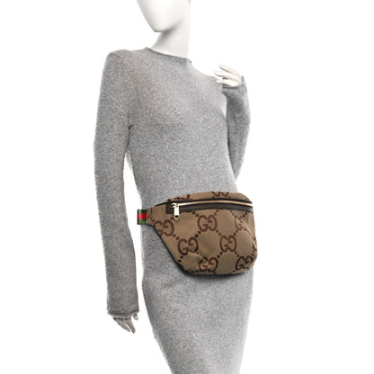 Gucci Monogram Jumbo GG Textured Dollar Calfskin Web Belt Bag Camel Ebony New Acero 2 of 9