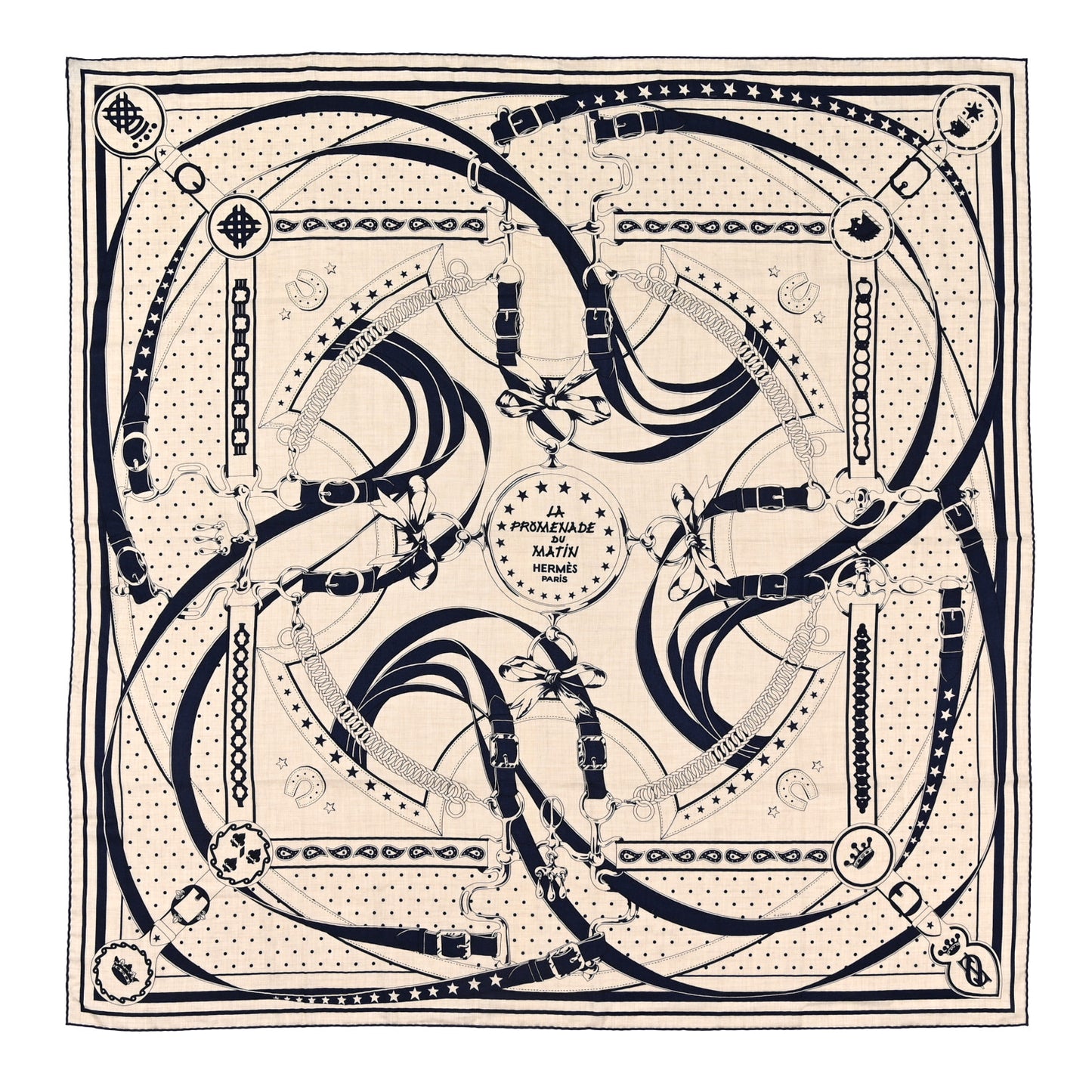 Cashmere Silk La Promenade du Matin Bandana Shawl 140 Naturel Marine Black