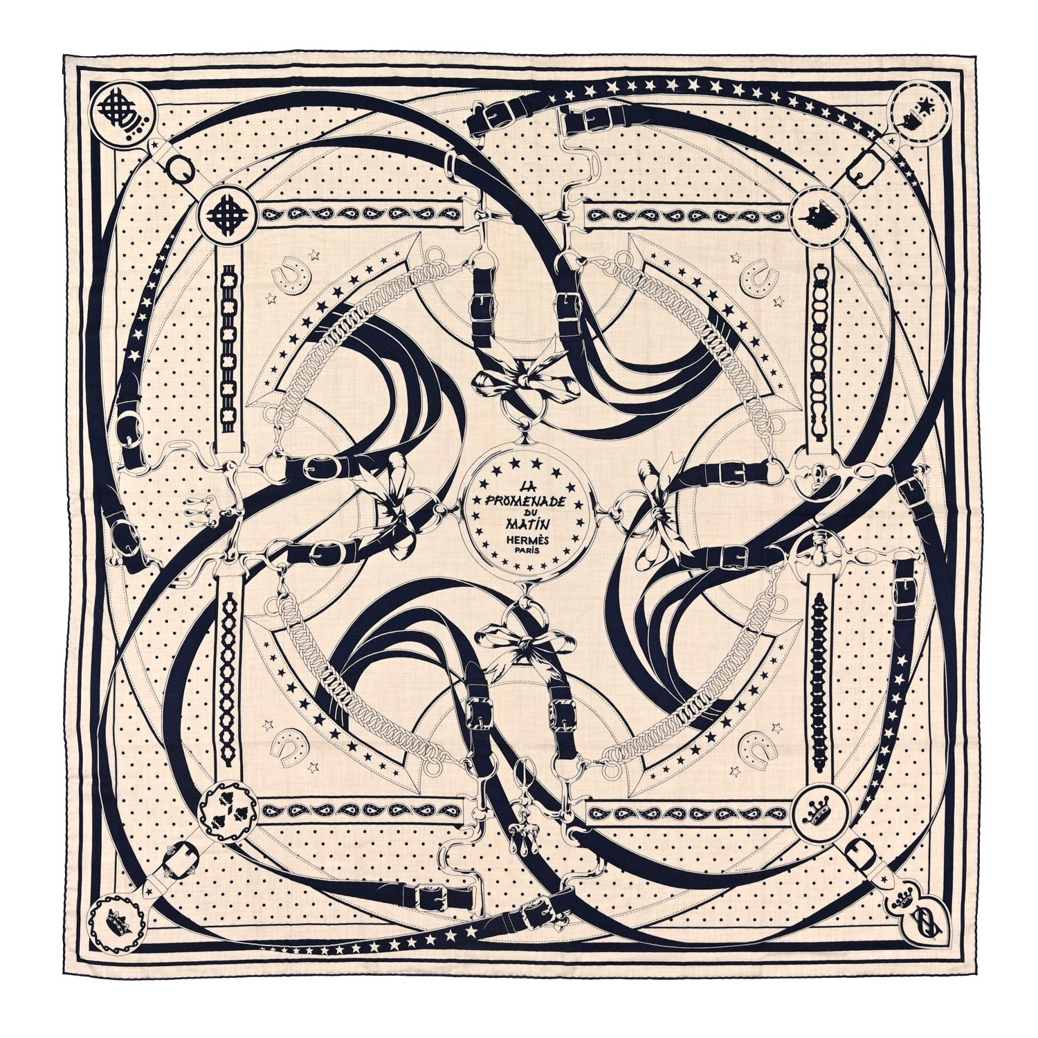 Hermes Cashmere Silk La Promenade du Matin Bandana Shawl 140 Naturel Marine Black 1 of 4