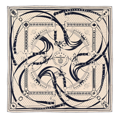 Hermes Cashmere Silk La Promenade du Matin Bandana Shawl 140 Naturel Marine Black 1 of 4