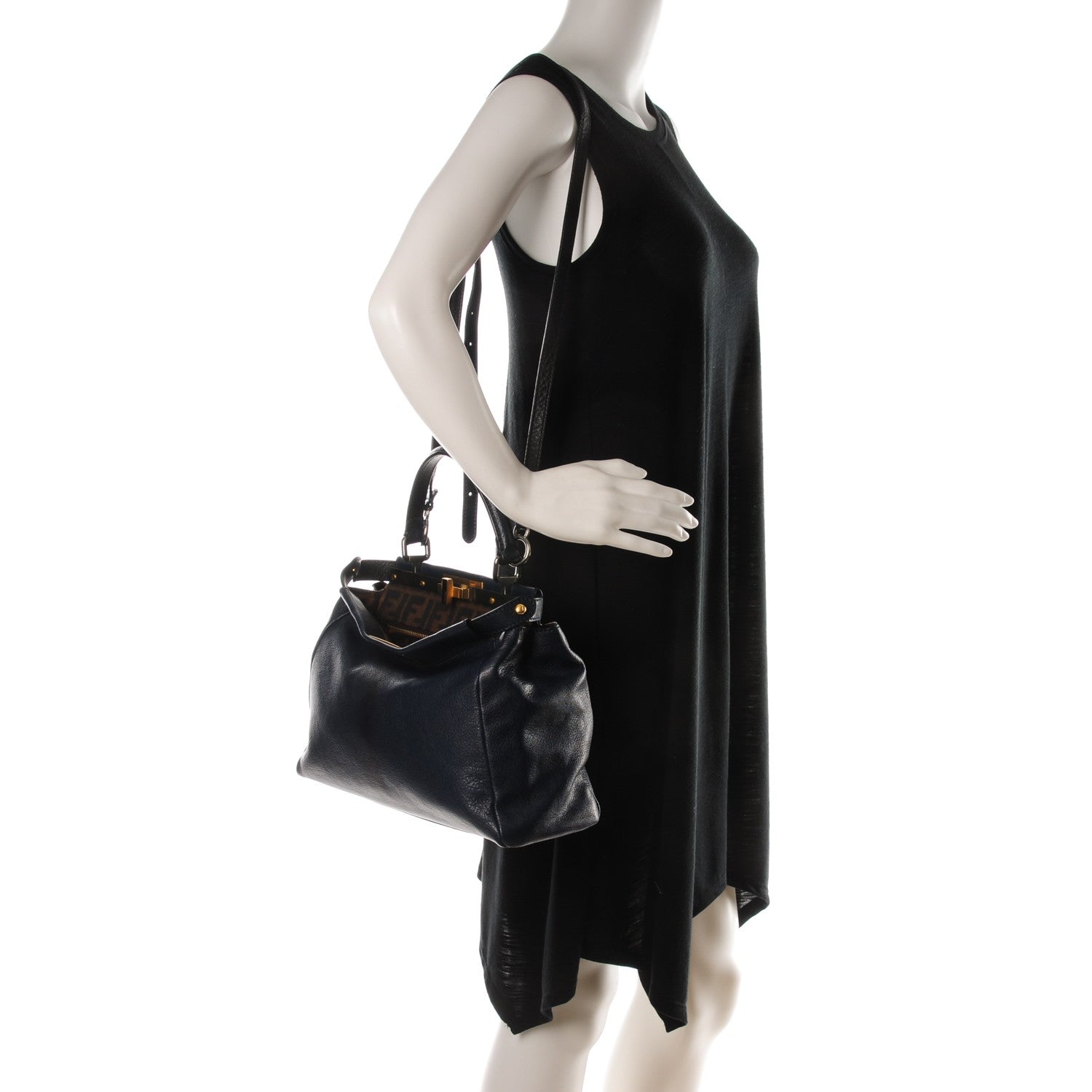 Fendi Goatskin Zucca Medium Peekaboo Iconic Satchel Blue Tobacco Black 2 of 7