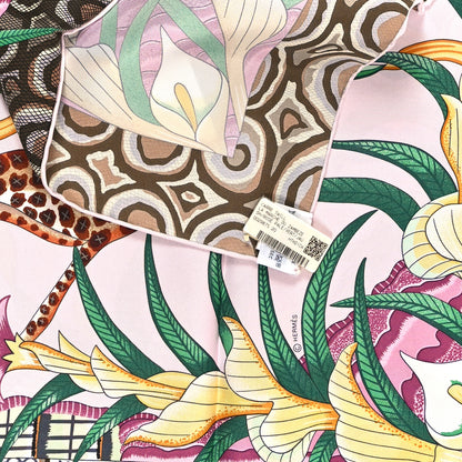Hermes Silk La Marche Du Zambeze Scarf 90 Rose Pale Vert Jaune 3 of 3