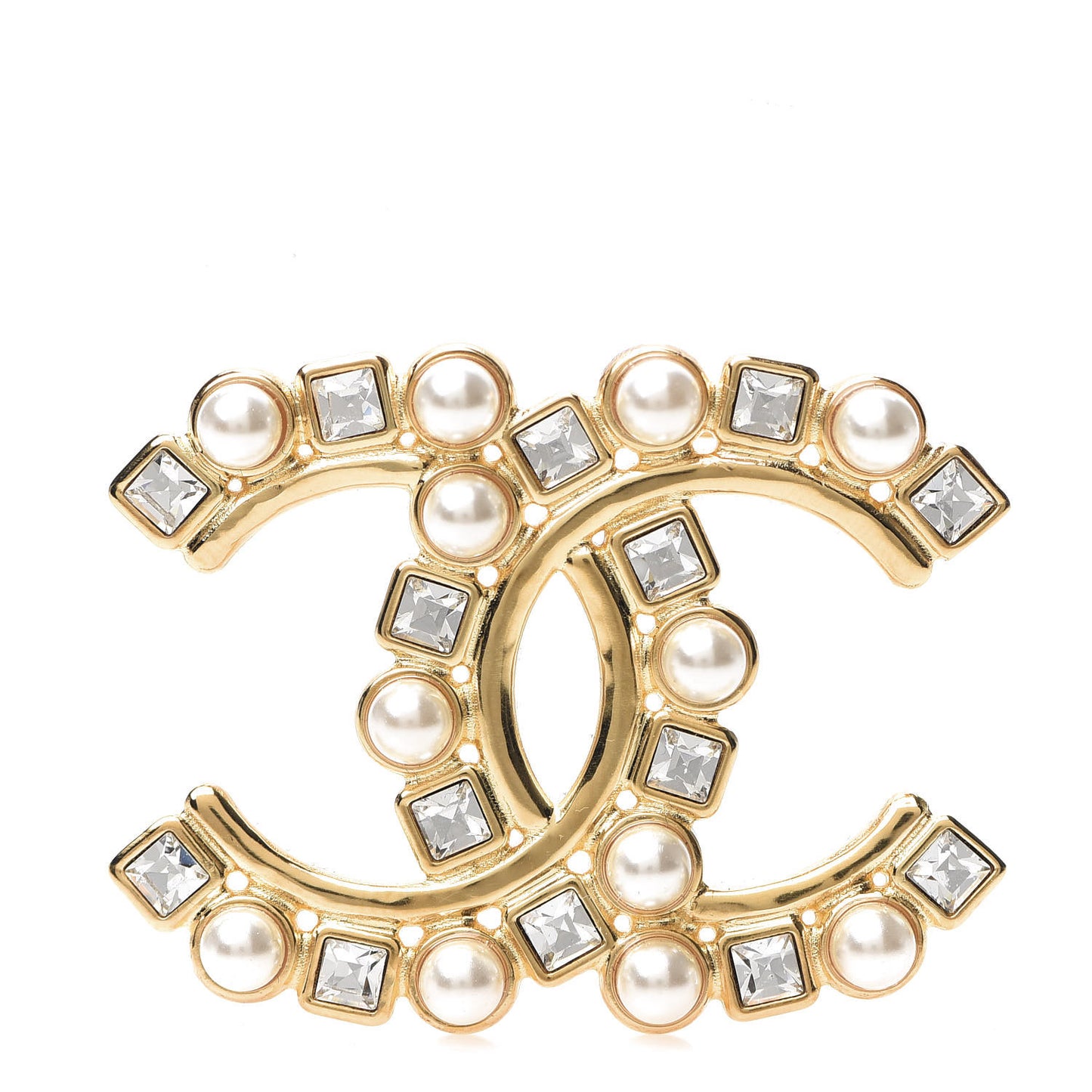 Pearl Crystal CC Brooch Gold