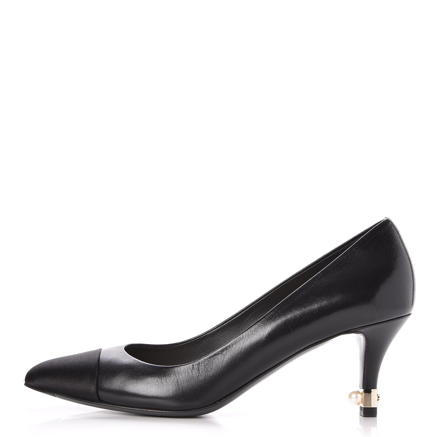 Chanel Lambskin Satin Cap Toe Pearl Pumps 38 Black 1 of 8