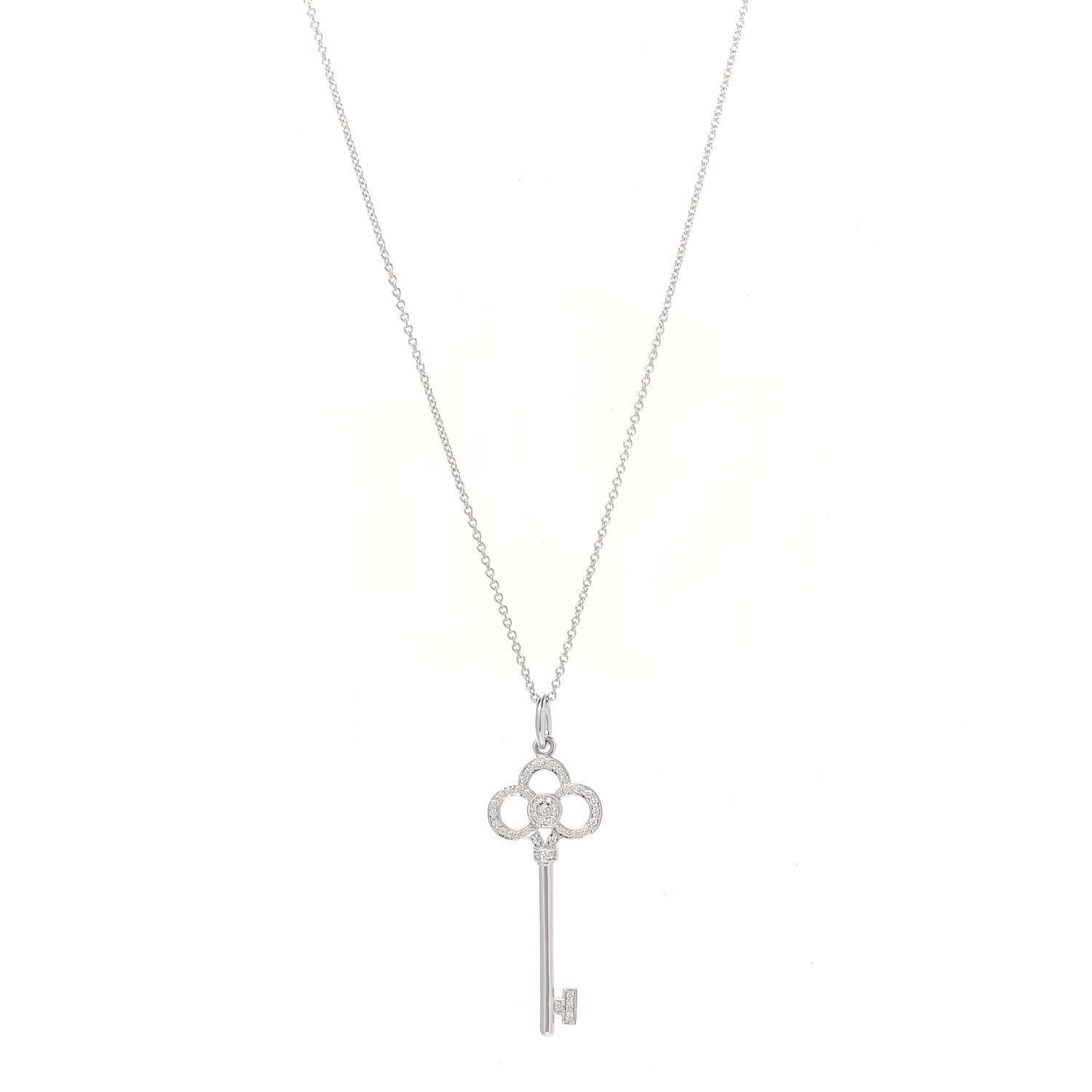 Tiffany Platinum 18K White Gold Diamond Crown Key Pendant Necklace 1 of 7