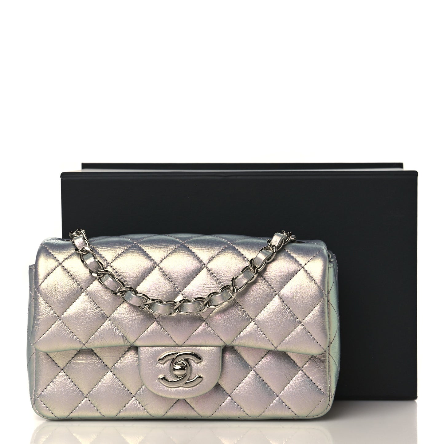 Iridescent Calfskin Quilted Mini Rectangular Flap Light Purple