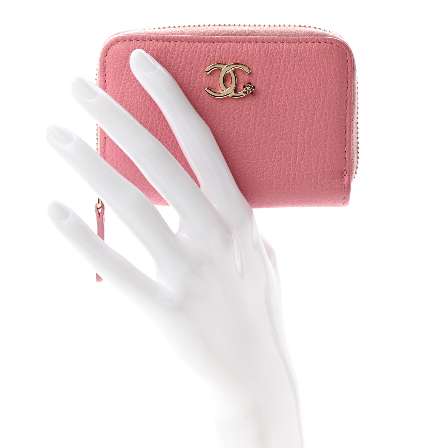Chanel Goatskin Camellia Zip Coin Purse Pink 2 of 8