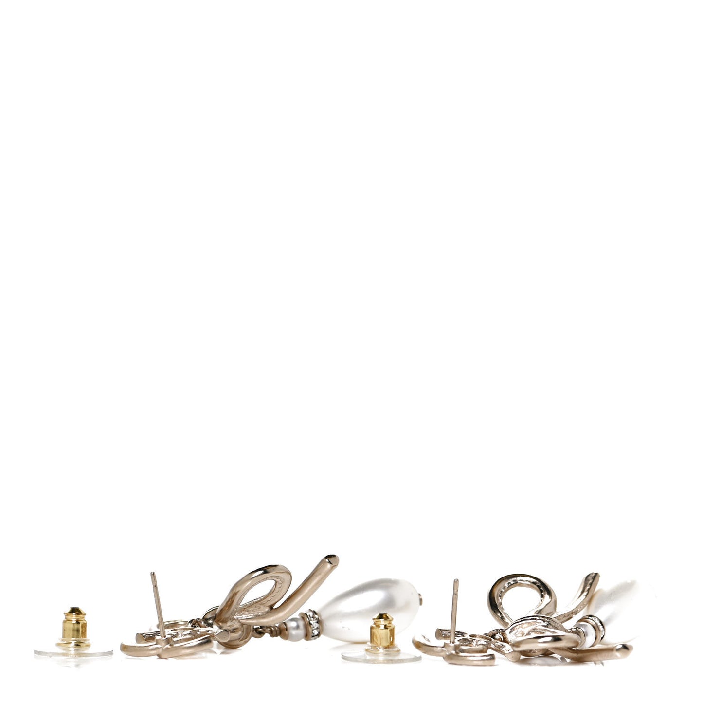 Pearl Crystal CC Bow Drop Earrings Gold Pearly White