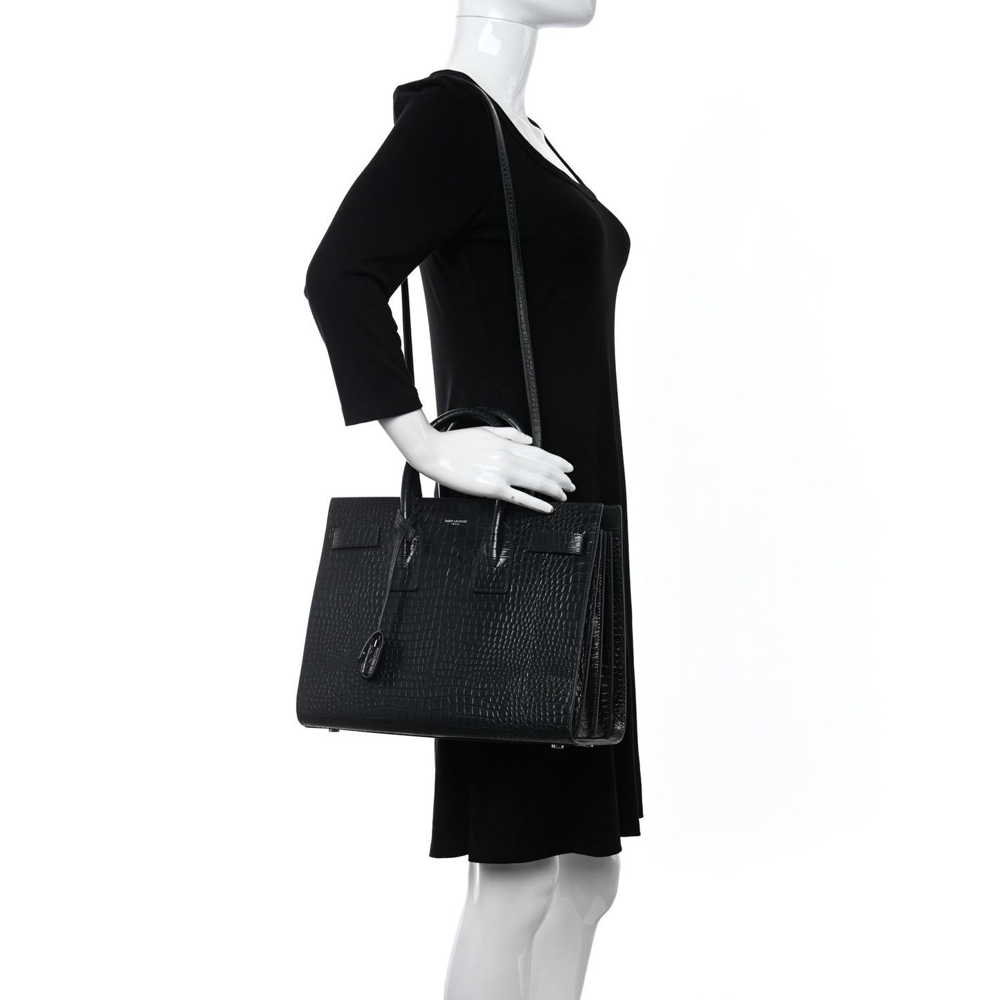 Calfskin Crocodile Embossed Small Sac De Jour Dusty Black
