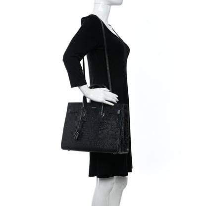 Saint Laurent Calfskin Crocodile Embossed Small Sac De Jour Dusty Black 2 of 9
