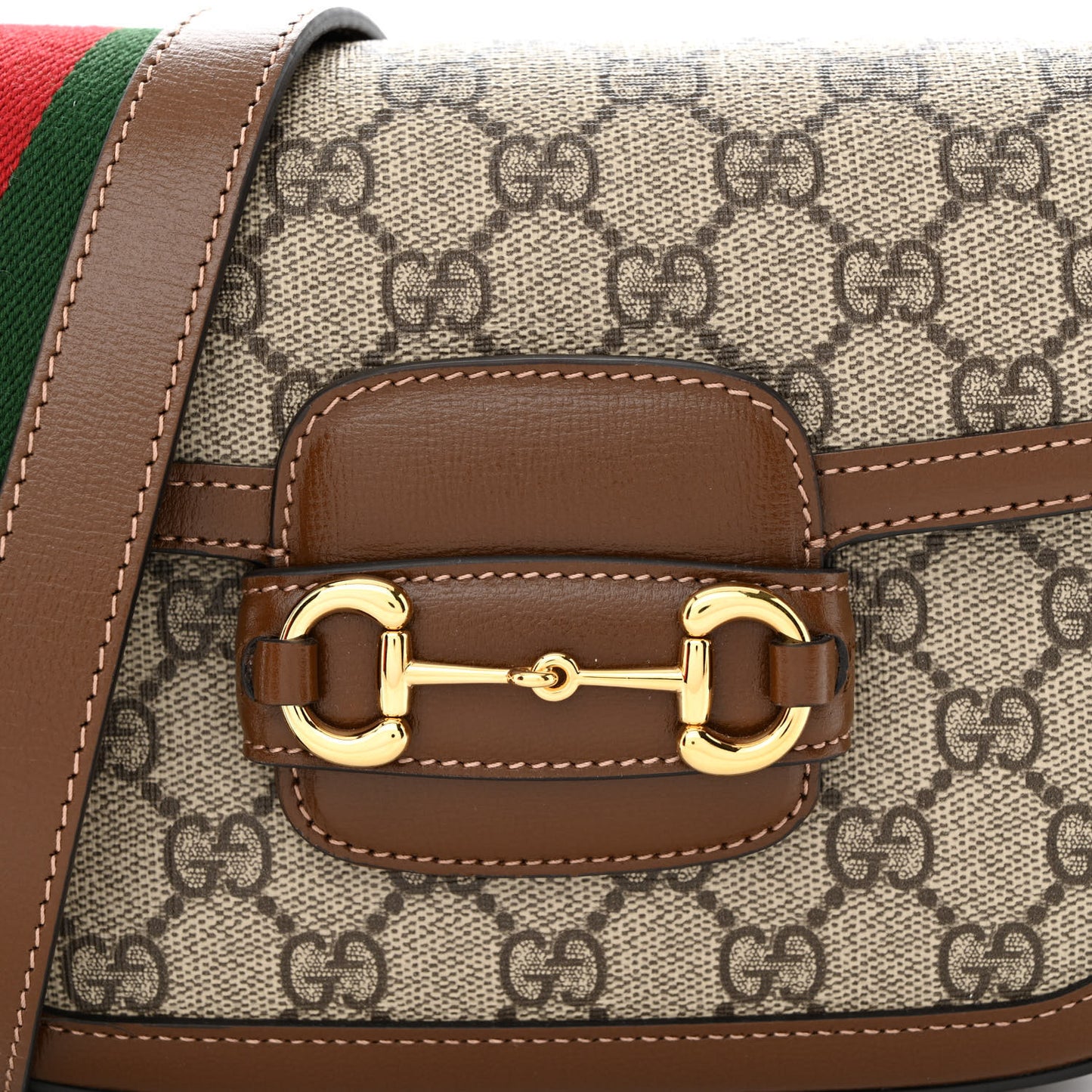GG Supreme Monogram Azalea Calfskin Web Mini Horsebit 1955 Shoulder Bag Beige Ebony Brown Sugar