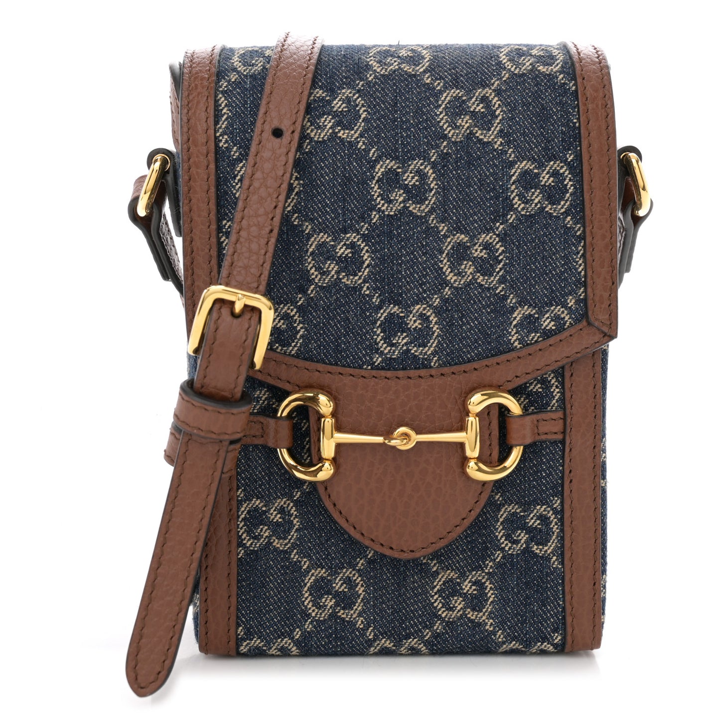 New Denim GG Monogram Dollar Calfskin Mini Horsebit 1955 Crossbody Bag Blue Tea Cuir Epilog