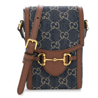 Gucci New Denim GG Monogram Dollar Calfskin Mini Horsebit 1955 Crossbody Bag Blue Tea Cuir Epilog 1 of 10