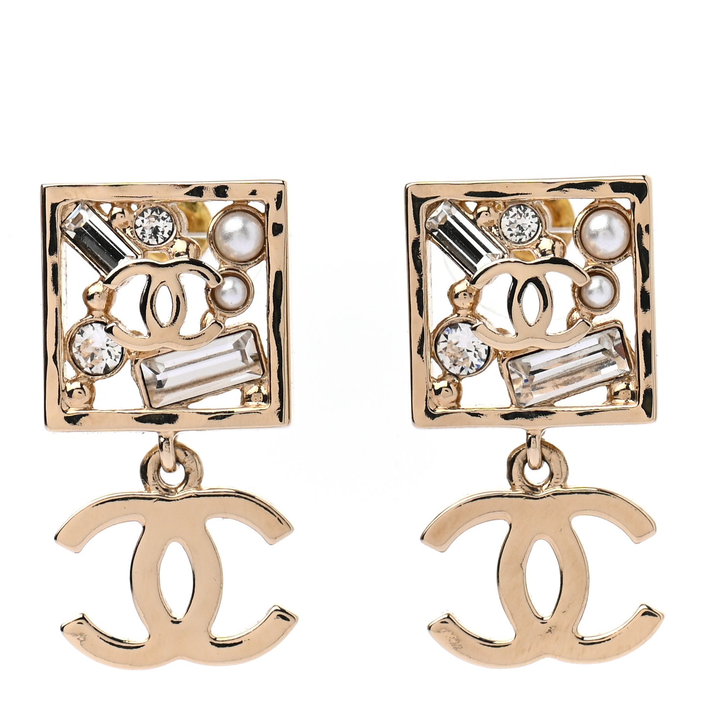 Crystal Pearl CC Square Drop Earrings Gold
