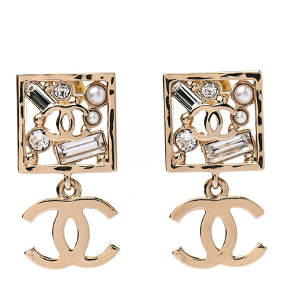 Chanel Crystal Pearl CC Square Drop Earrings Gold 1 of 4