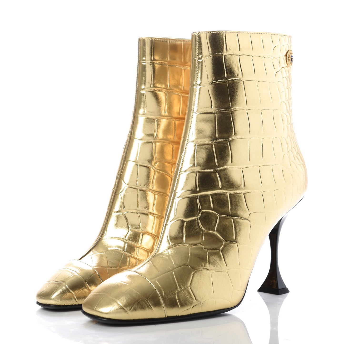 Calfskin Crocodile Embossed Cap Toe Ankle Boots 39 Gold