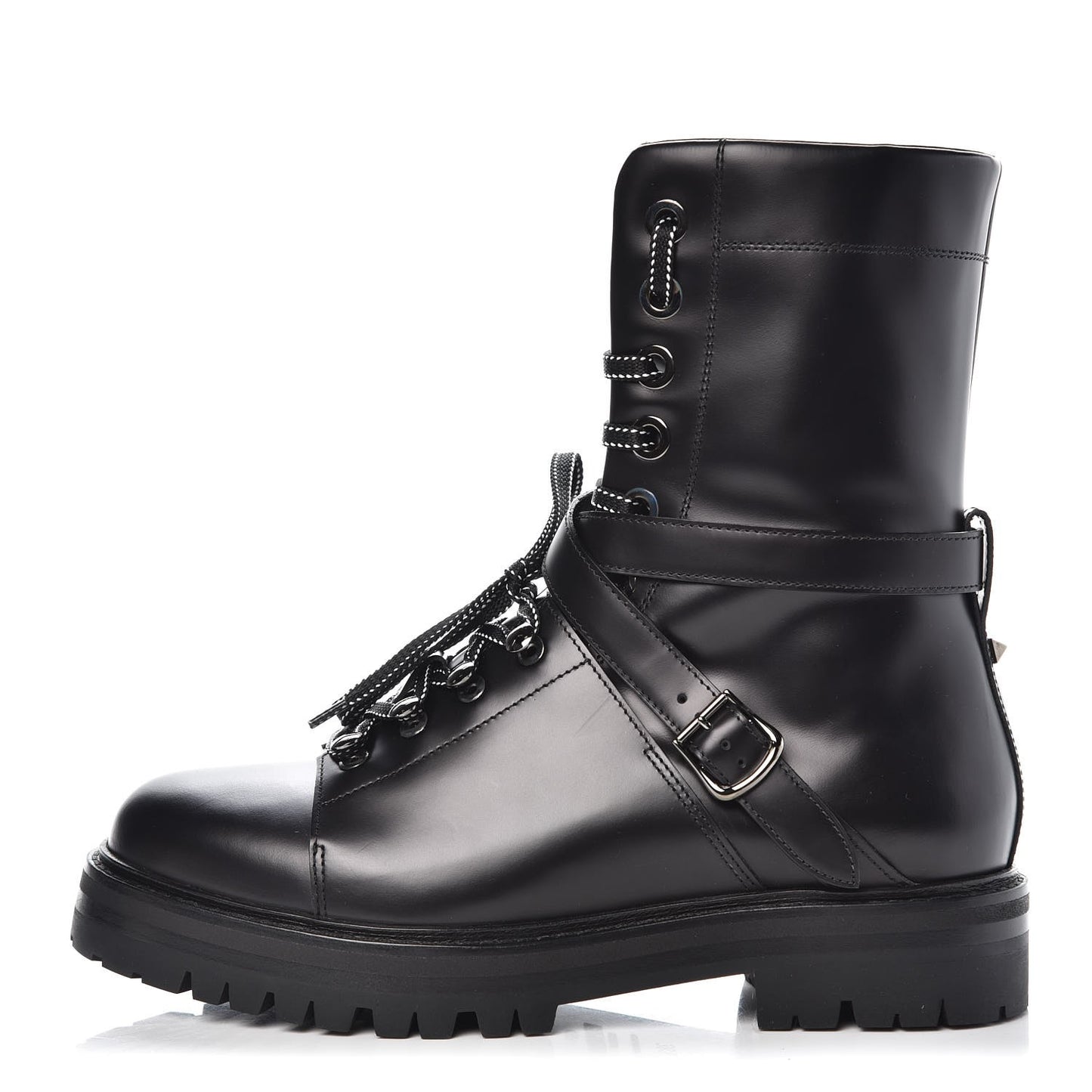 Smooth Calfskin Rockstud Buckled 25mm Combat Boots 38.5 Black