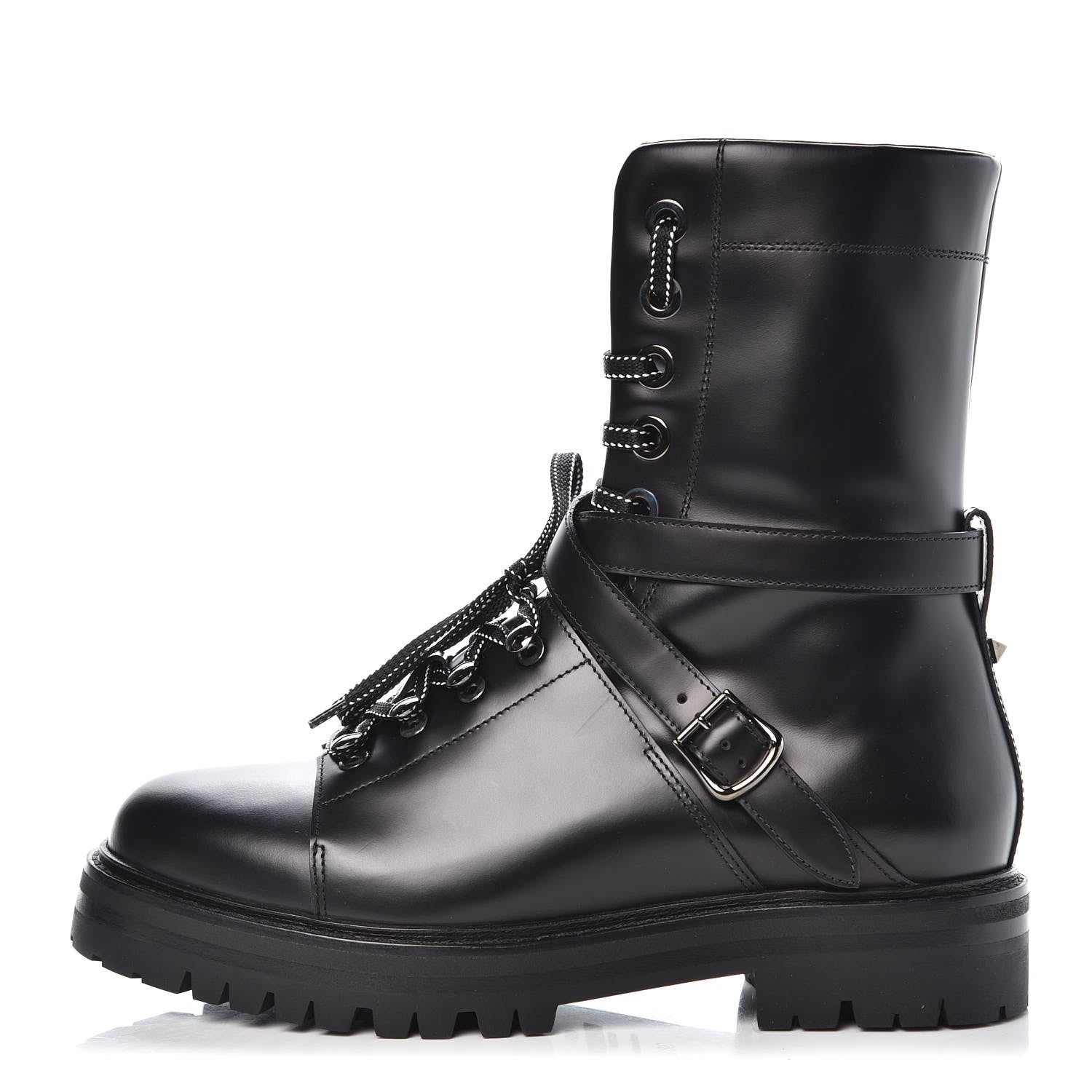Valentino Garavani Smooth Calfskin Rockstud Buckled 25mm Combat Boots 38.5 Black 1 of 10