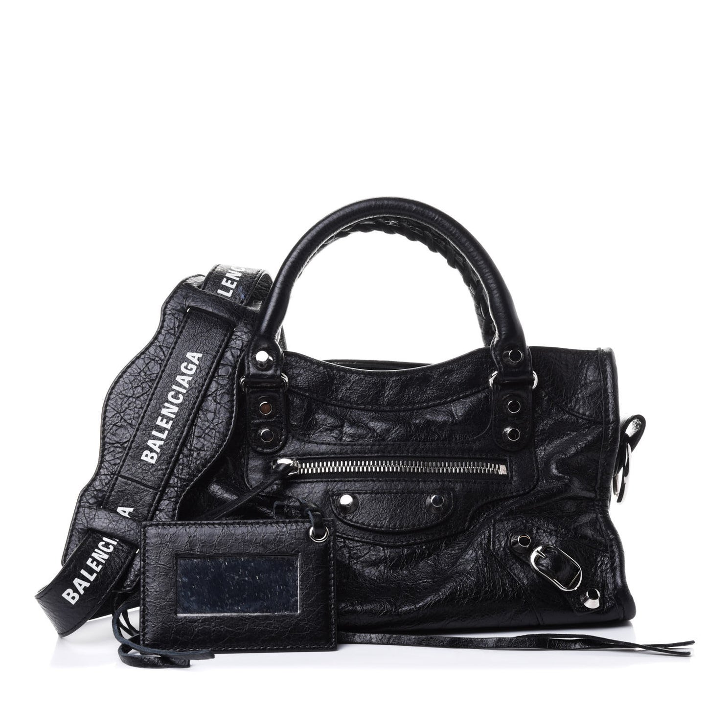 Agneau Classic Silver Hardware Mini City Logo Strap Black White