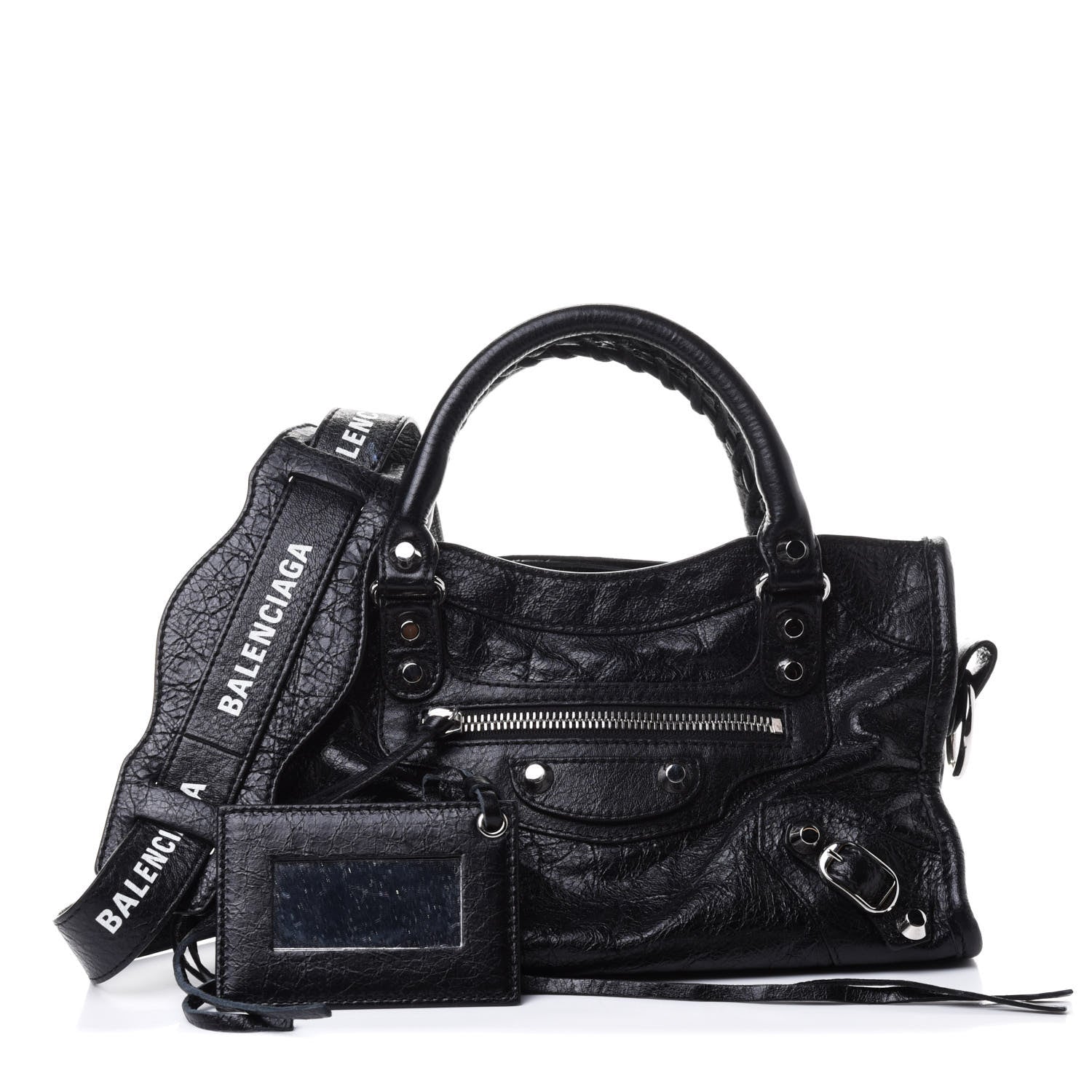 Balenciaga Agneau Classic Silver Hardware Mini City Logo Strap Black White 1 of 4