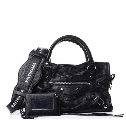 Balenciaga Agneau Classic Silver Hardware Mini City Logo Strap Black White 1 of 4