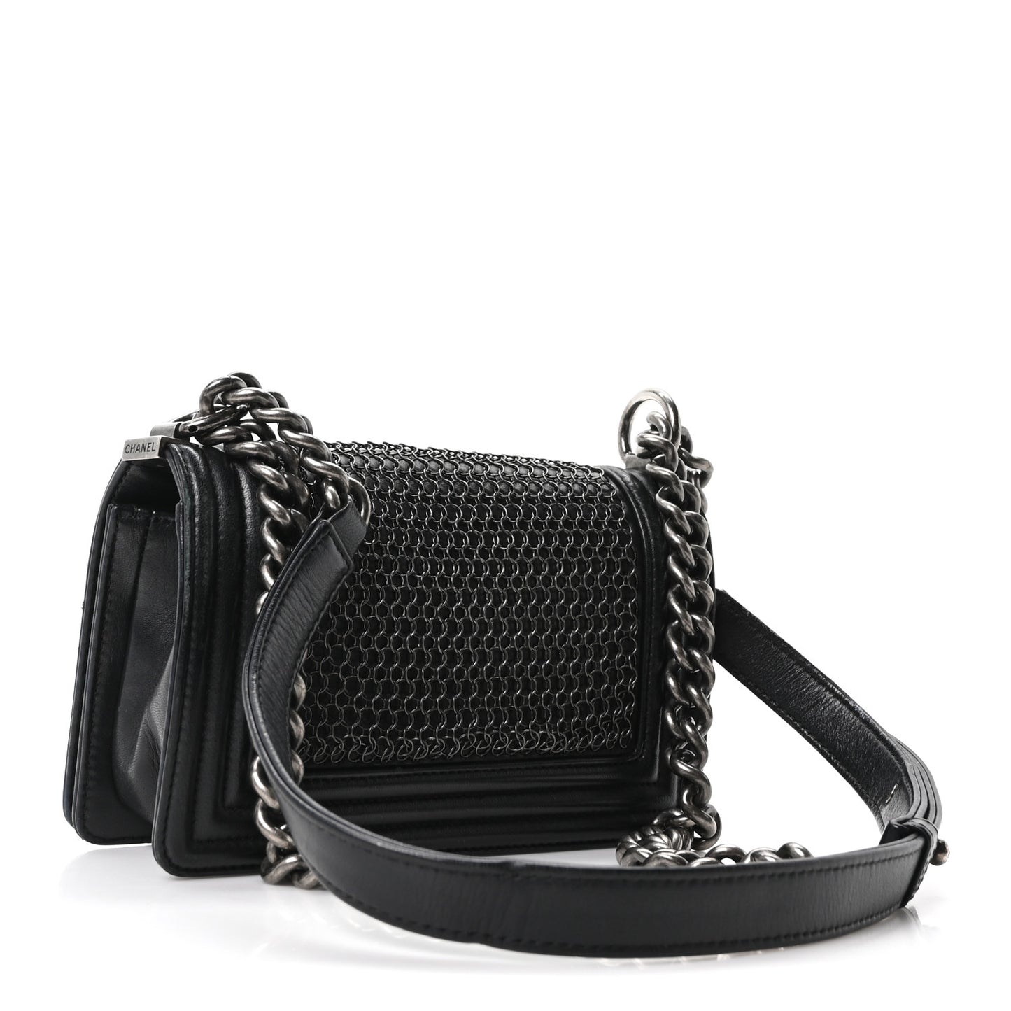 Lambskin Quilted Small Chain Mail Boy Flap Black