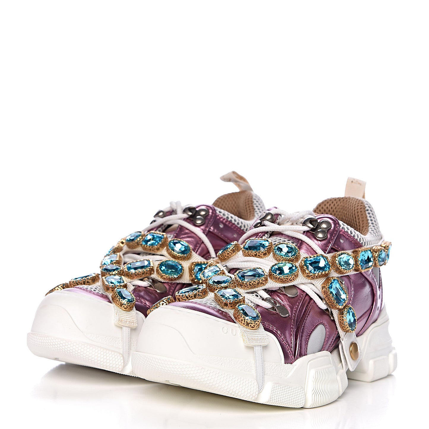 X SEGA Metallic Calfskin Mesh Removable Crystals Womens Flashtrek Sneakers 36 Rosa Great White Silver